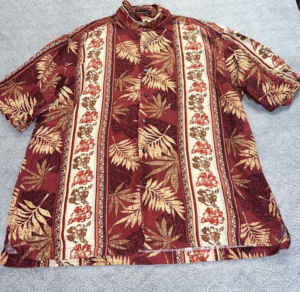 Van Heusen Washable Linen Shirt Mens L Red Flora! Hawaiian Tropical Button Up